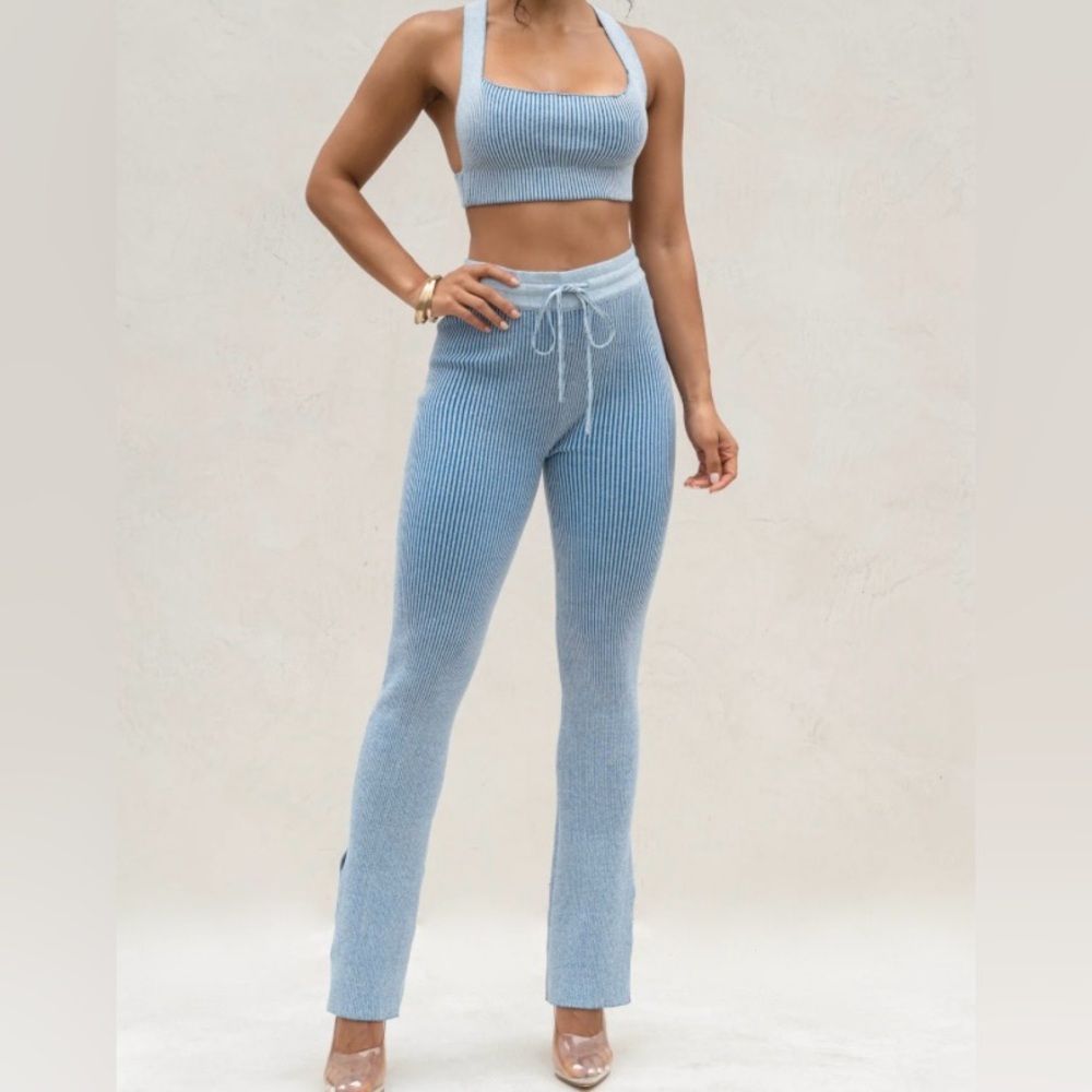JLUXLABEL Light Blue Ribbed Flare Pants - Picture 4 of 4